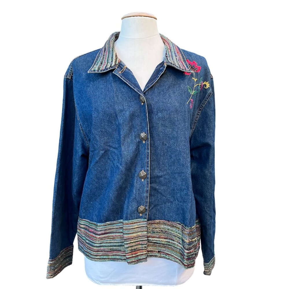 Tantrums Vtg Womens Denim Jacket Embroidered Floral Silk Striped Accents Size L